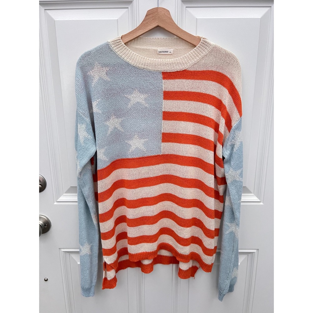ANDTHEWHY American Flag Sweater Womens M/L Patriotic Stars Stripes Knit Pullover